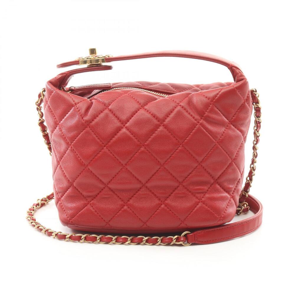 Chanel Dixneuf Matelasse Hobo Bag Shoulder Lambskin Sheepskin Red